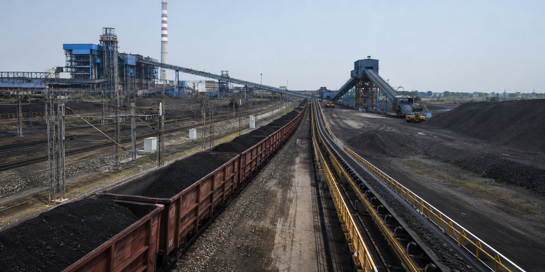 Coal rail wagons, conveyors and Coal Handling Plant infrastructure showing the operating chain from movement to plant handling