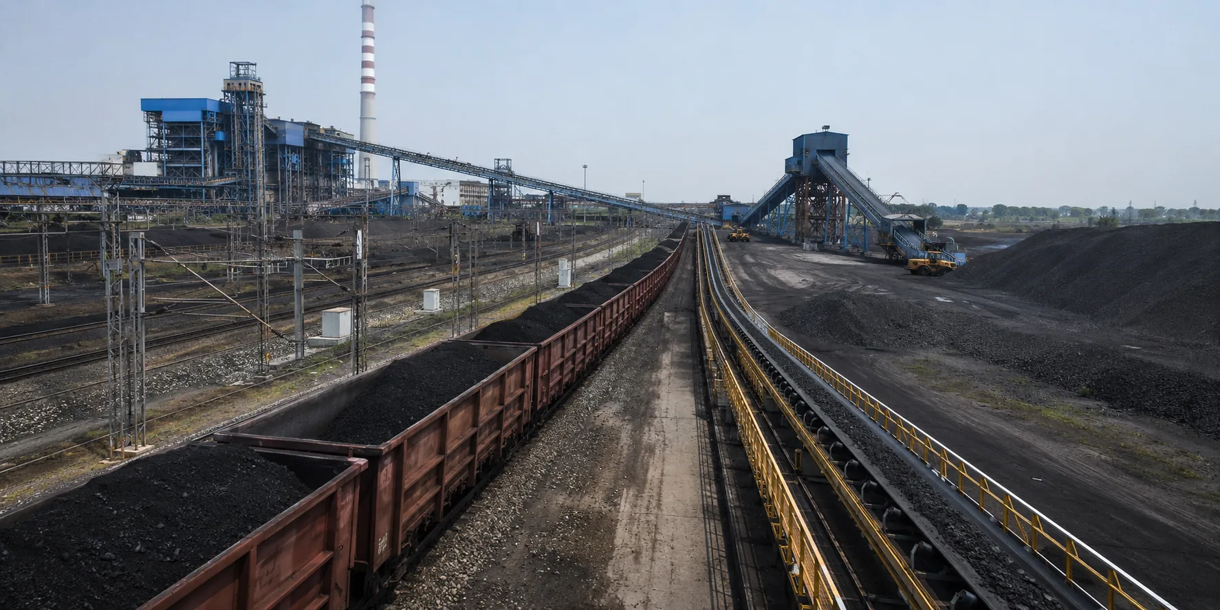 Coal rail wagons, conveyors and Coal Handling Plant infrastructure showing the operating chain from movement to plant handling