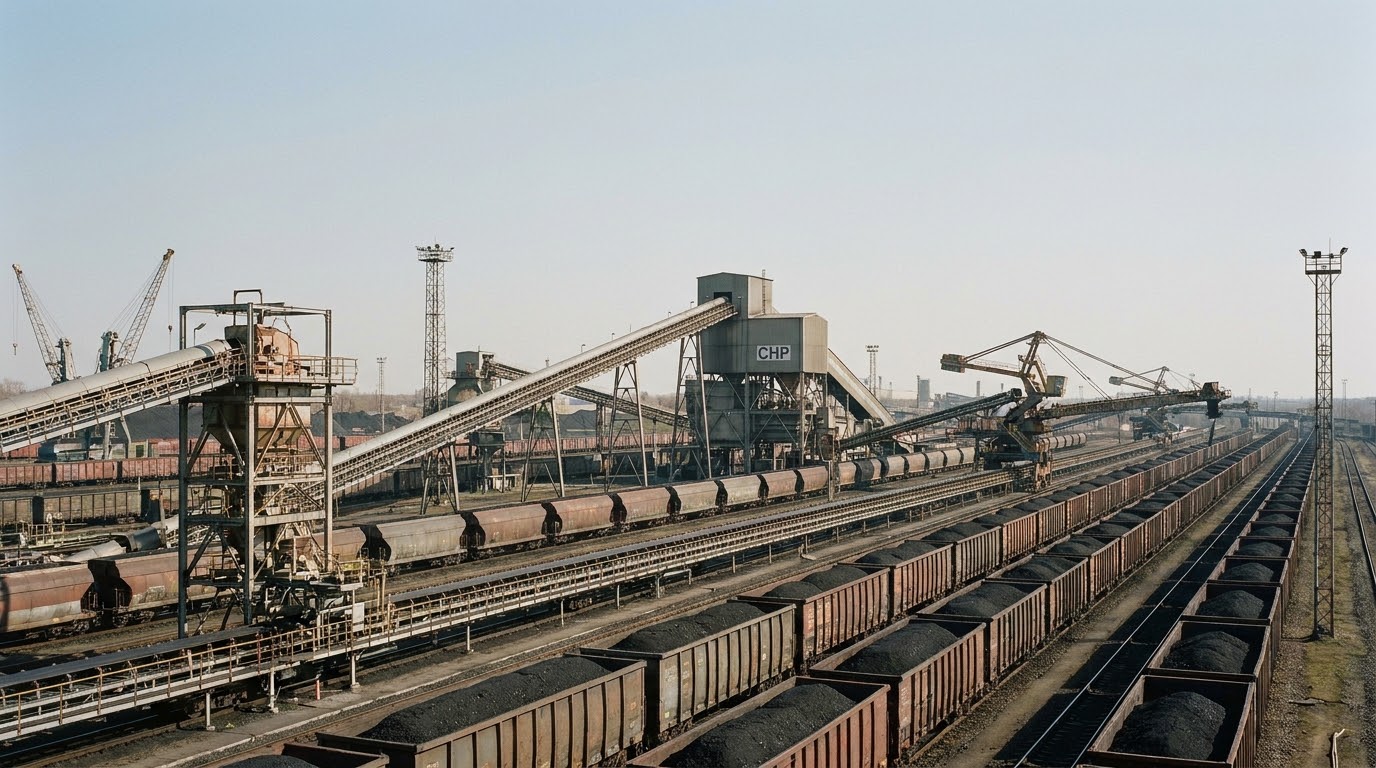 Railway coal logistics terminal with freight wagons and Coal Handling Plant conveyor infrastructure