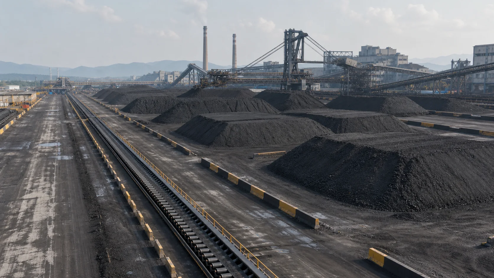 Segregated coal stockyard with multiple coal stacks, yard lanes and conveyor infrastructure
